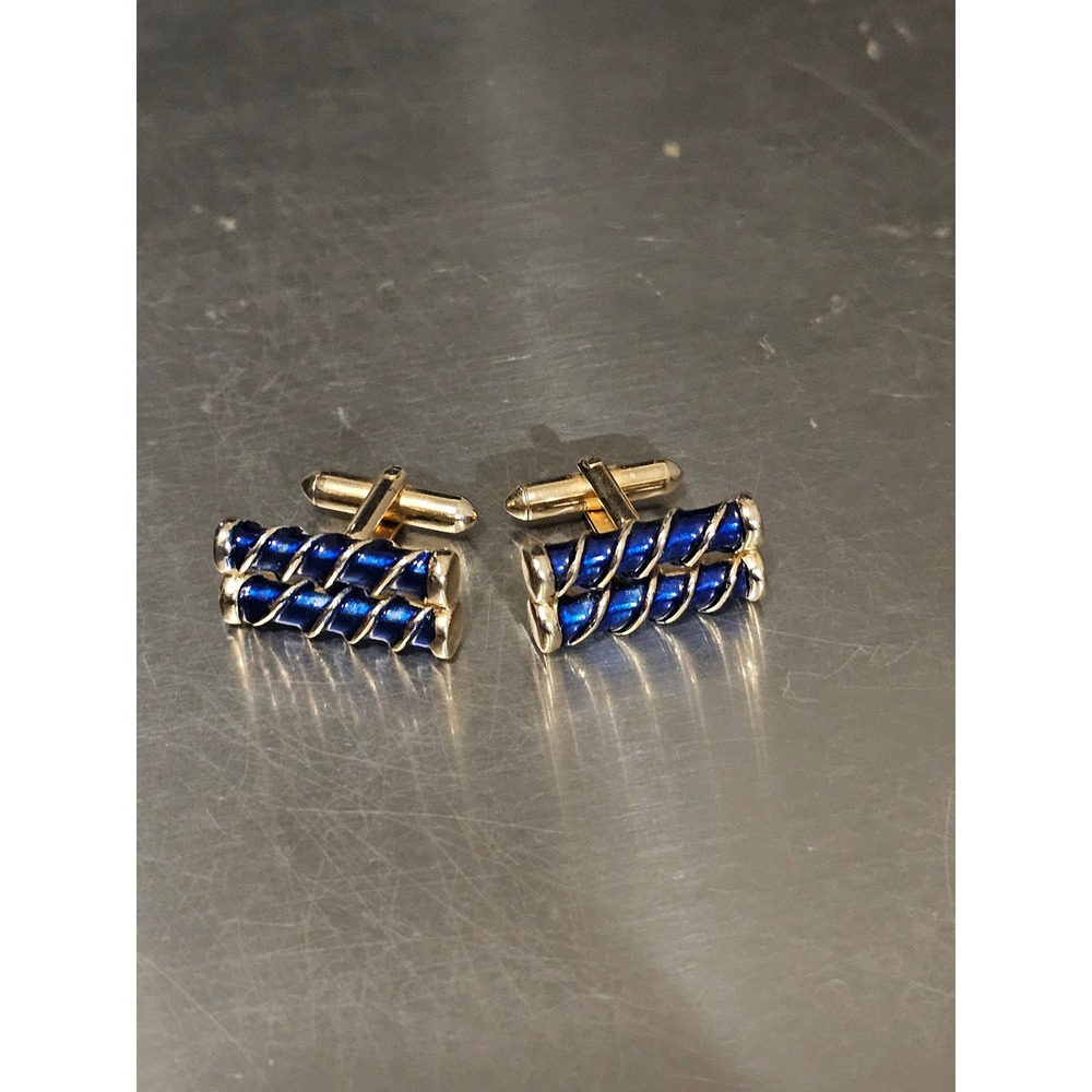 Swank Mens Blue Enamel Gold Tone Twisted Rope Barrel Cufflinks S Pentagon Logo